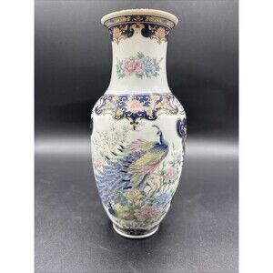 Vintage TOYO Japanese Porcelain Peacock & Peonies Floral Vase 8.5" Cobalt Blue